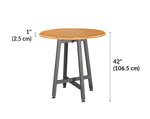 standing round table is forty two inches tall and the tabletop is one inch thick